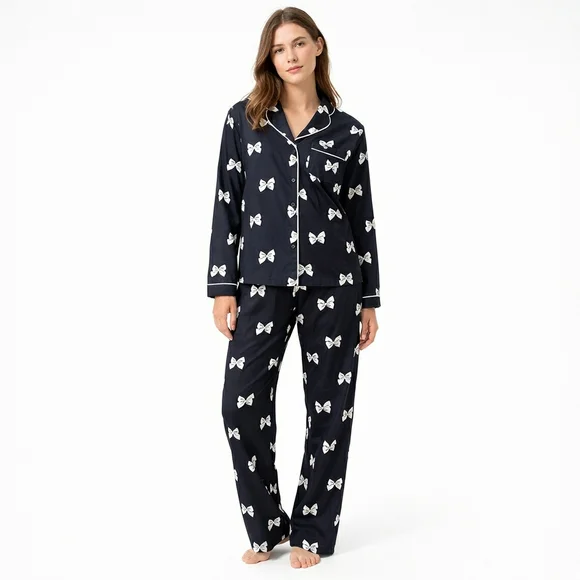 Kate Spade Bow Pajama Set Womens Small Black White 2-piece Bows Pants Top #42 - Picture 1 of 11